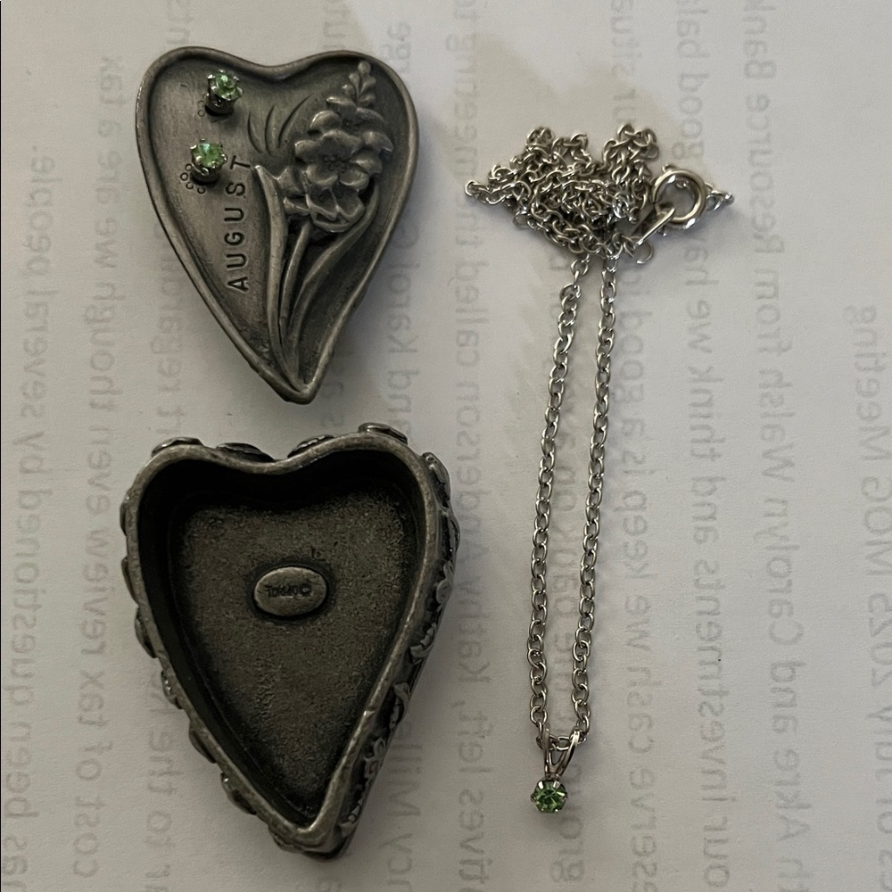 Silver Heart Pendant Necklace with peridot earrings and pewter box.